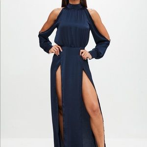 Navy Blue Split Front & Sleeve Maxi Dress